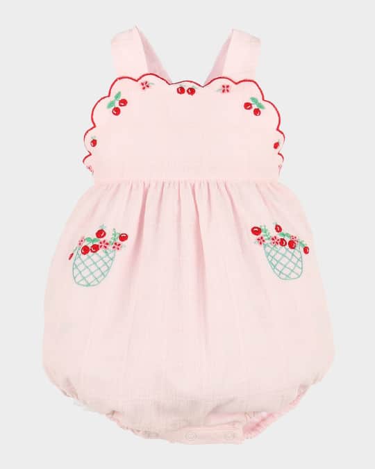 Girl's Cherry Embroidered Bubble Romper, Size 6M-18M