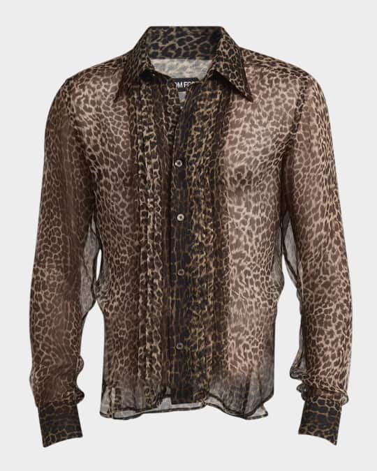 Men's Leopard-Print Silk Chiffon Pleated Dress Shirt
