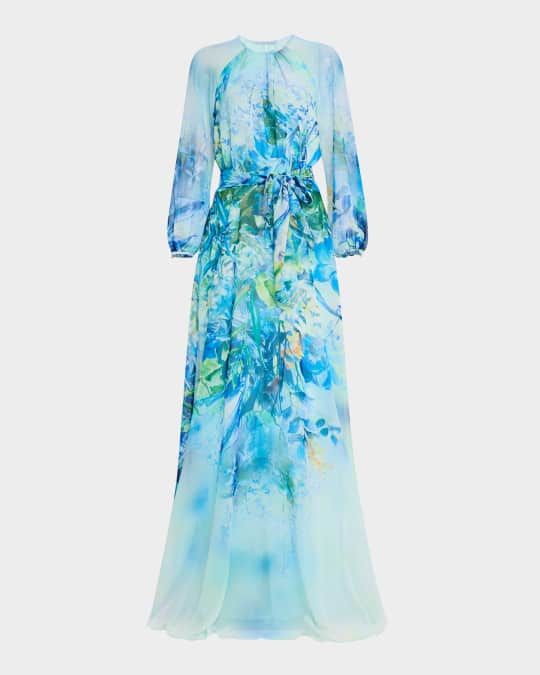 Floral-Print Chiffon Gown