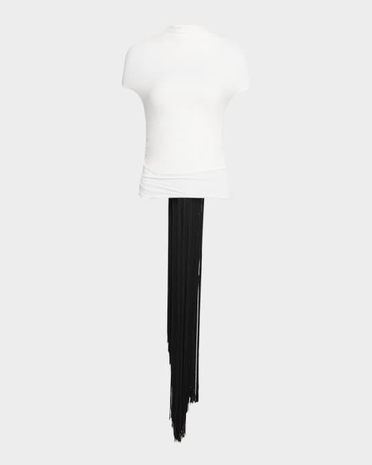 Fringe High-Neck Ruched Jersey Top