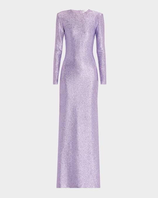 Metallic Stretch Lame Strong-Shoulder Gown