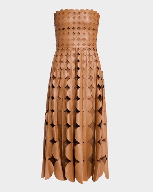 Oscar de la Renta Strapless Geo Cutout Leather Midi Dress Neiman
