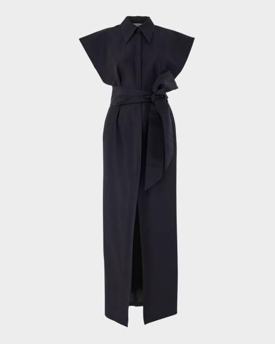 Cap-Sleeve Belted Column Trench Gown