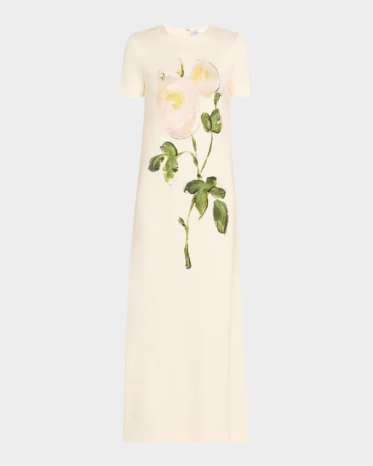 Painted White Roses Jersey Short-Sleeve Maxi Dress