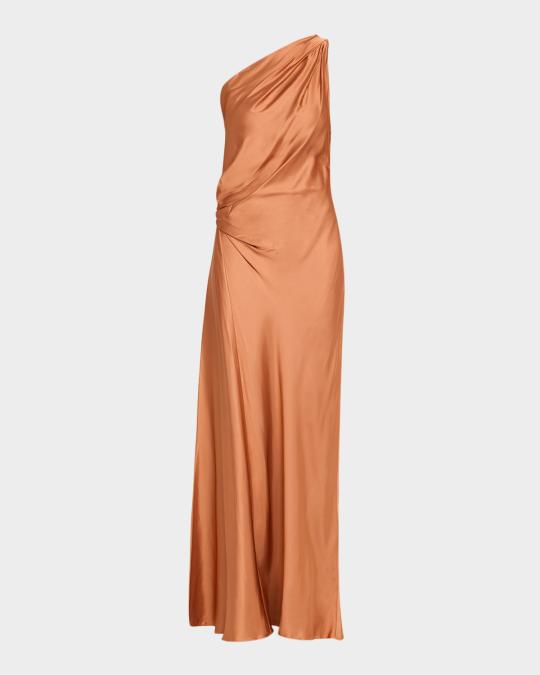 alc silk one shoulder dress A.L.C. Lara Satin Pleated Midi Dress in Delphinium Blue, Size 10