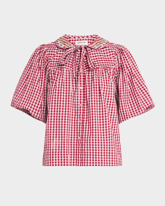 Damson Madder Mila Puff-Sleeve Gingham Blouse | Neiman Marcus