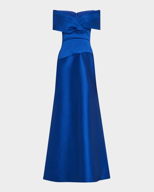 Stretch Mikado Portrait Draped A-line Gown