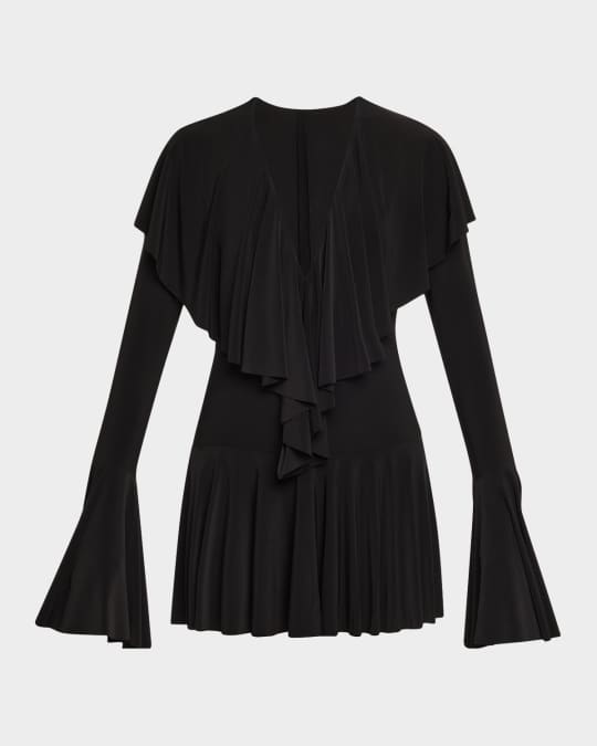 Long-Sleeve Deep V Ruffle Mini Dress