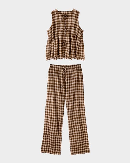 Gingham-Print Pleated Cami Lounge Set