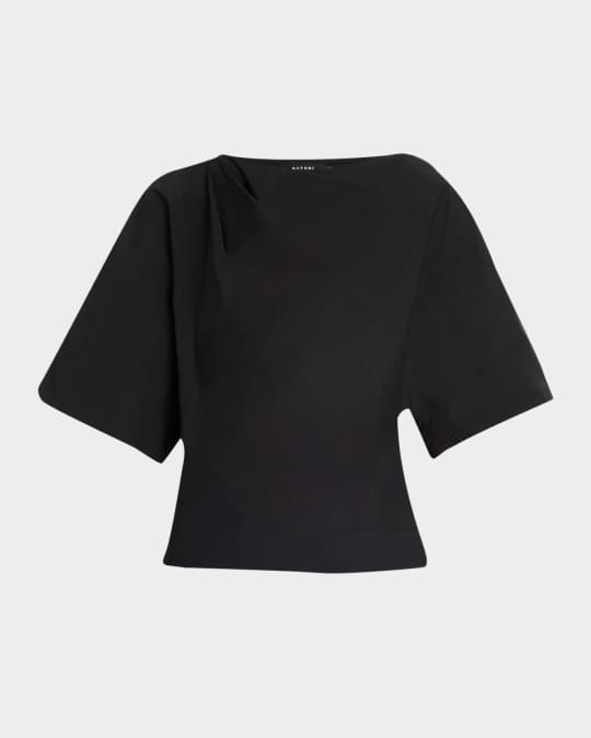 Gathered Elbow-Sleeve Taffeta Blouse