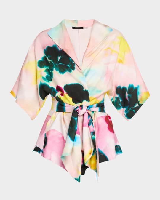 Akiko Watercolor-Print Silk Twill Blouse