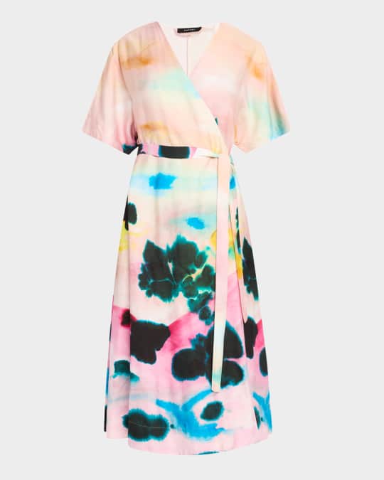 Akiko Watercolor-Print Twill Midi Wrap Dress