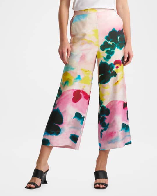 Akiko Cropped Watercolor-Print Twill Pants