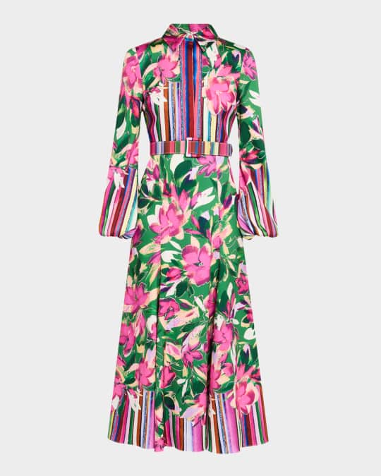 Badgley Mischka Collection Belted Floral & Stripe-Print Maxi Shirtdress |  Neiman Marcus