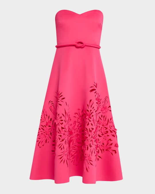 Strapless Laser-Cut Floral Scuba Midi Dress