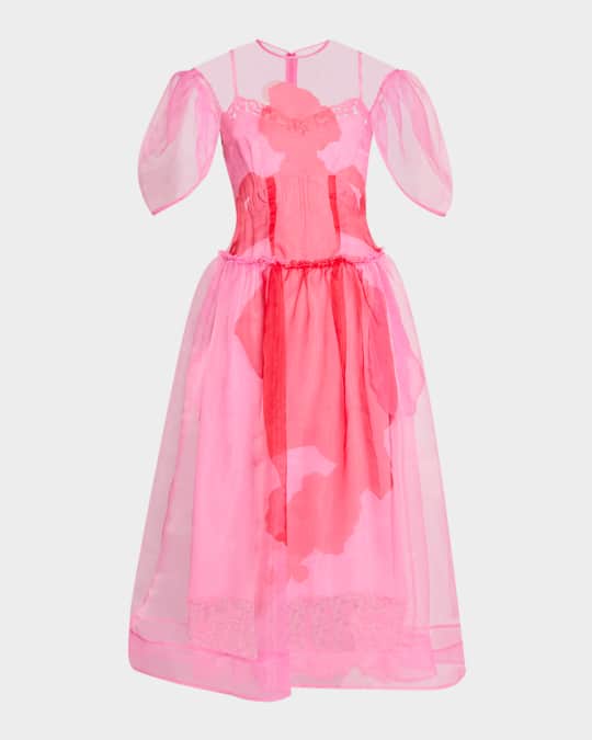 Petal-Sleeve Sculpted Sheer Midi Dress