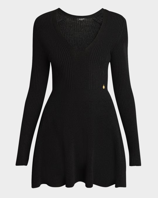 balmain ribbed knit long sleeve dress Plunging Long-Sleeve Rib Mini KK4253PL112001