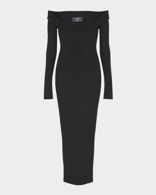 Balmain Double Collar Knit Off-The-Shoulder Zipped Midi Dress | Neiman  Marcus