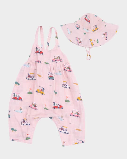 Girl's Golf Carts Cuties Tie Back Romper W/ Sun Hat, Size 3M-24M