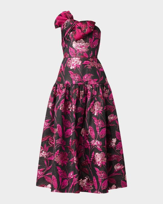 Shoshanna Lisa One-Shoulder Floral Jacquard Midi Dress | Neiman Marcus