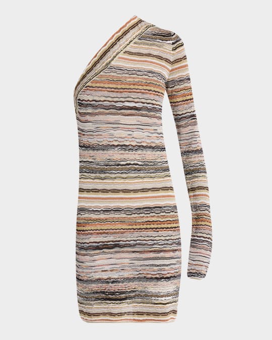 Metallic Striped One-Shoulder Long-Sleeve Mini Dress