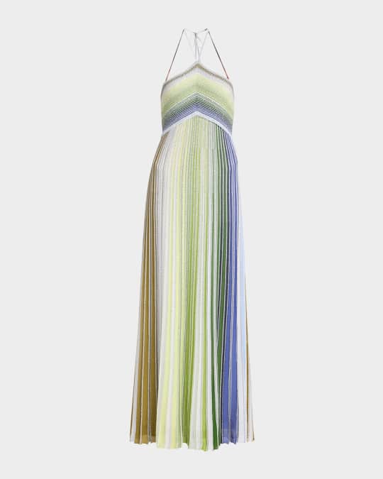 Paillette Stripe Pleated Knit Halter Maxi Dress