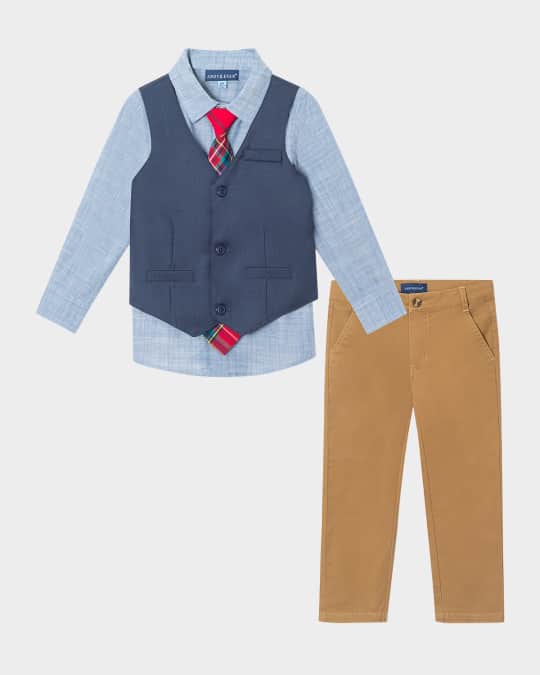 Boy's Chambray Button-Down W/ Tie Vest & Pants Set, Size 2T-8