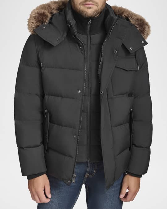 Andrew Marc Men's Down Jacket with Faux Fox Fur | Neiman Marcus