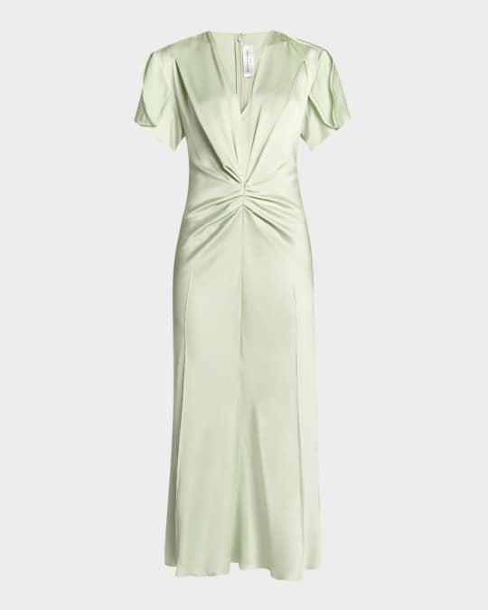 Victoria Beckham Gathered V-Neck Midi Dress | Neiman Marcus