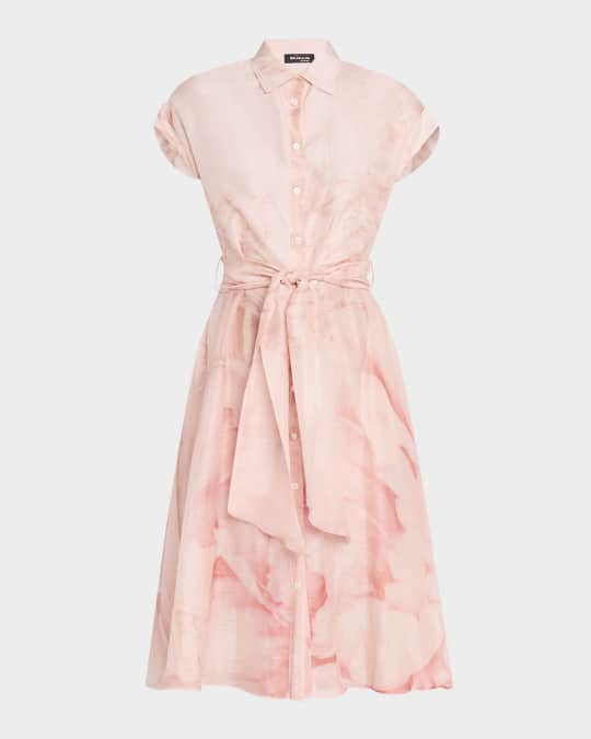 Short-Sleeve Belted Silk Shirtdress