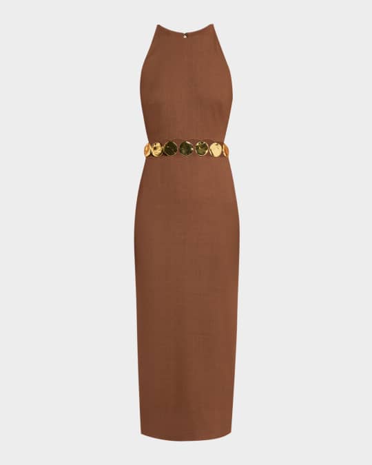 Isla Gold-Disc Linen Midi Dress