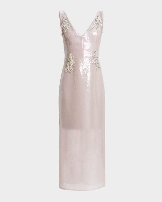 V-Neck Sequined Crystal Pencil Midi Cocktail Dress
