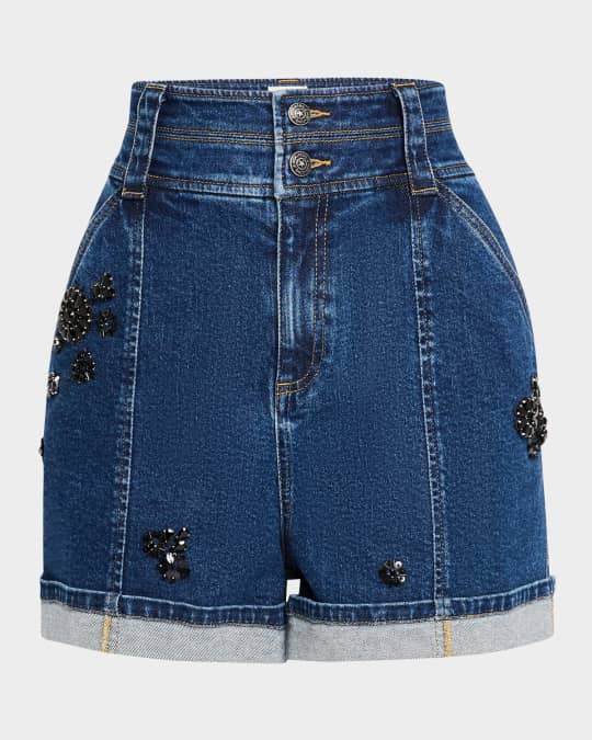 Cinq a Sept Crystal Double-Waistband Denim Shorts | Neiman