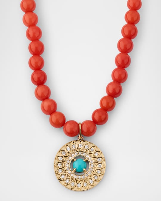 Coral Bead Choker Necklace with Turquoise and Diamond Pendant