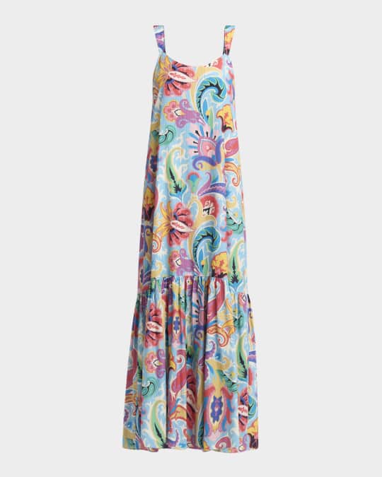 Blue Summer-Print Cotton Voile Maxi Sundress