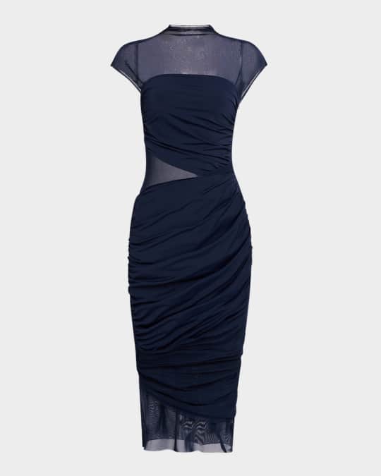 tabitha mesh ruched midi dress SEROYA Tabitha Mesh Ruched Midi Dress in Navy