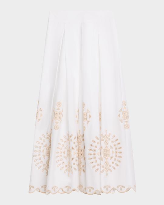 Eleventy Pleated Eyelet-Embroidered Midi Skirt | Neiman Marcus