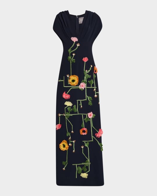 Lela Rose Charlotte Floral-Embroidered Empire-Waist Gown | Neiman Marcus