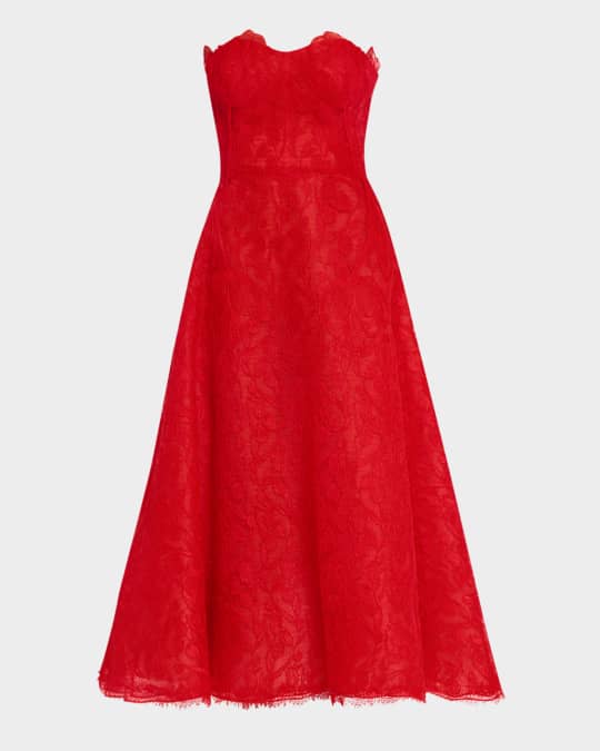 Lela Rose Strapless Tulip Lace Midi Dress | Neiman Marcus