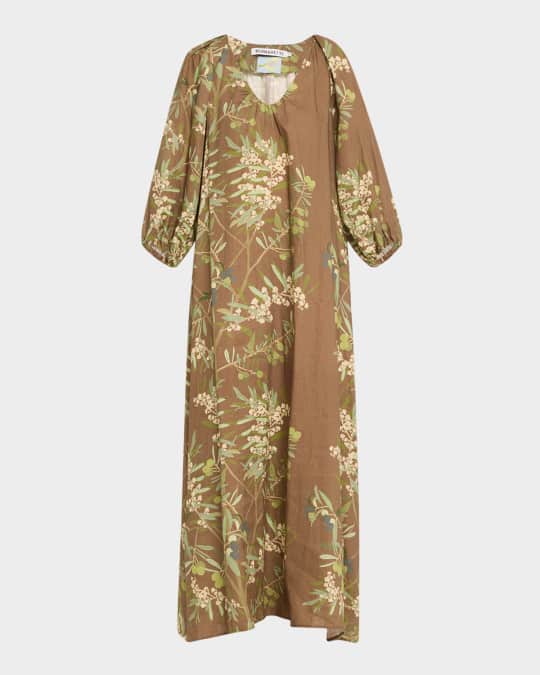 BERNADETTE Puff-Sleeve Printed Linen Maxi Dress | Neiman Marcus
