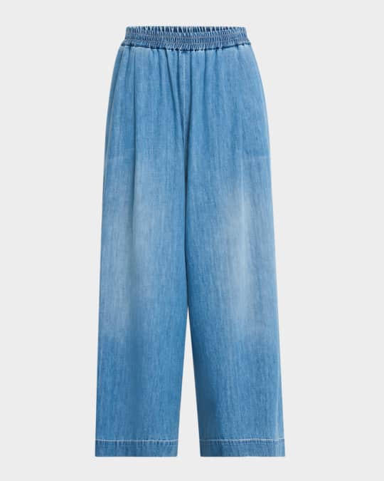 Pleated Wide-Leg Cotton Chambray Trousers