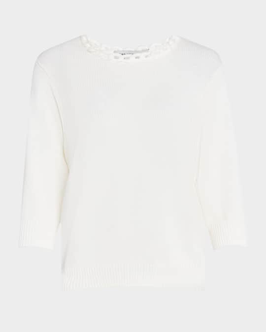 Crochet-Trim Cotton Crewneck Sweater