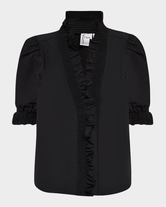 Cici Smocked Ruffle-Trim Taffeta Shirt