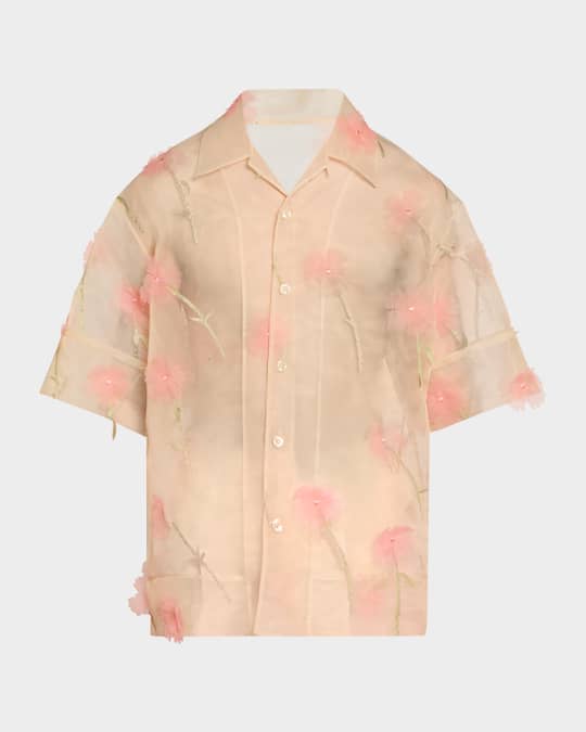 Simone Rocha Men's Sheer Floral Boxy Shirt | Neiman Marcus