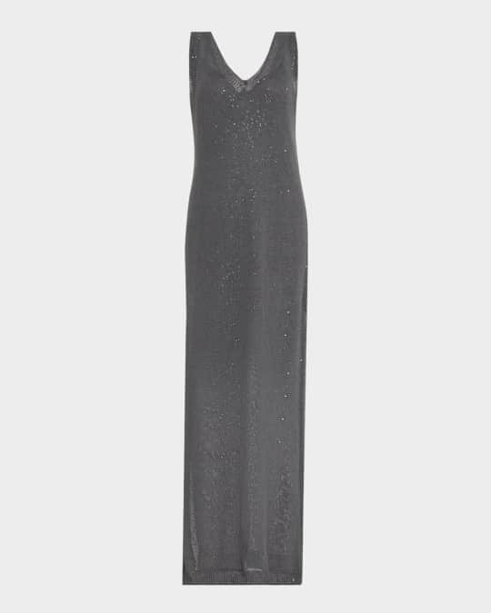 V-Neck Linen-Silk Paillette Knit Maxi Dress