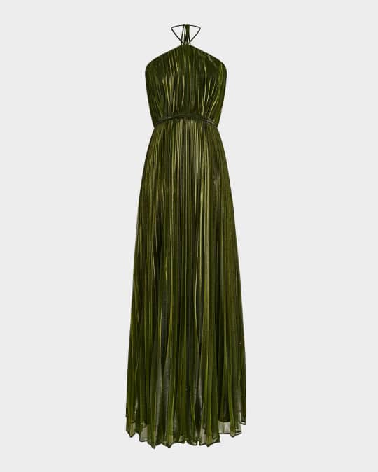 halston heritage green pleated dress Wynn Gown In Charmeuse