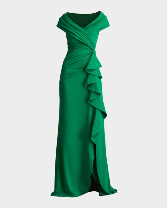 ★セール♪★TADASHI SHOJI Aラインガウン★ Tadashi Shoji A-Line Pleated Ruffle Crepe Gown | Neiman Marcus