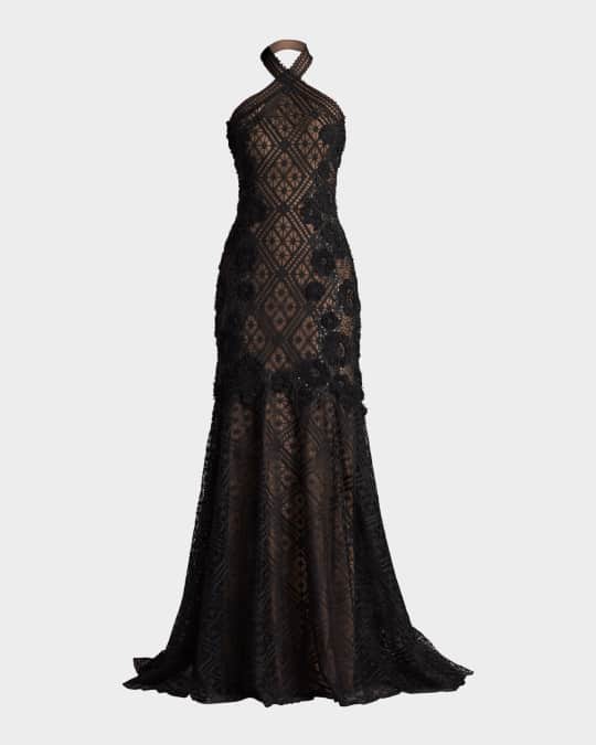 Beaded Floral Applique Lace Halter Gown