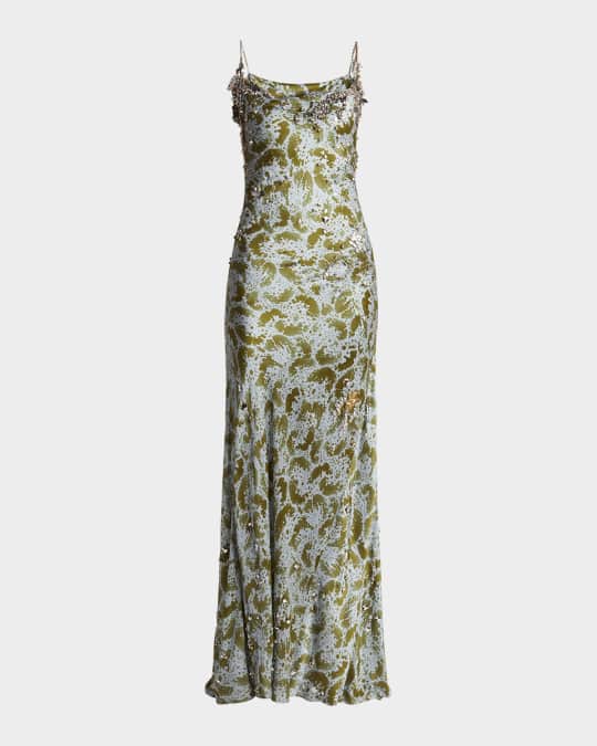 Deryl Cowl-Neck Long Studded Silk Dress