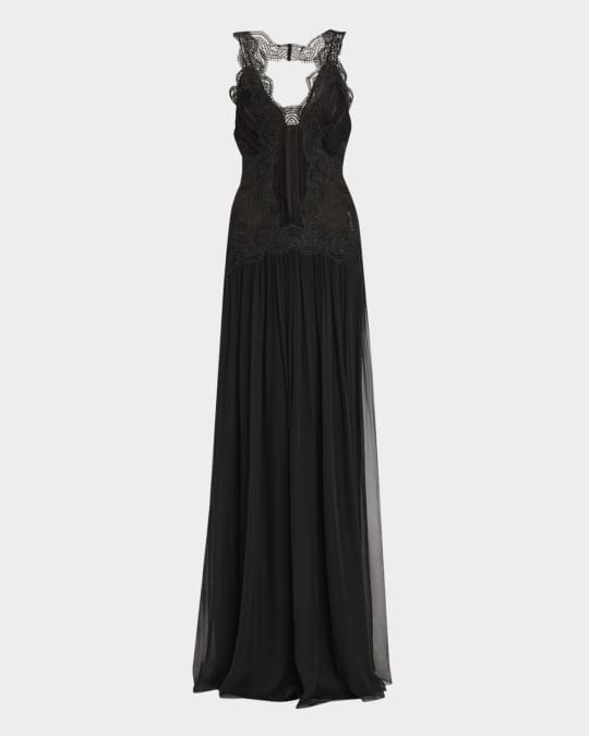 Alberta Ferretti Lace Drop-Waist Organic Chiffon Backless Gown | Neiman  Marcus